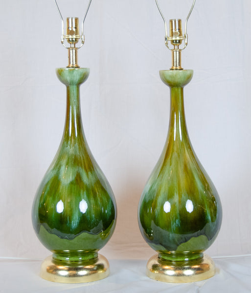 Earth-Tone Drip Glazed Ceramic Lamps with Gilt Hardware