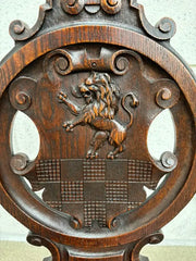 Pair 18th Century Italian Chestnut Hall Chairs Carved With Lion Crests