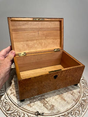 19th Century English Regency Burl Wood Veneer Box with Ebonized Ball Feet