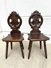 Pair 18th Century Italian Chestnut Hall Chairs Carved With Lion Crests