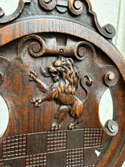 Pair 18th Century Italian Chestnut Hall Chairs Carved With Lion Crests