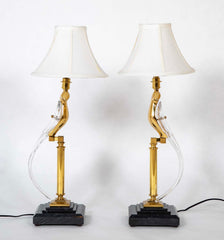 Very Unusual Murano Glass and Brass Lamps on Marble Bases