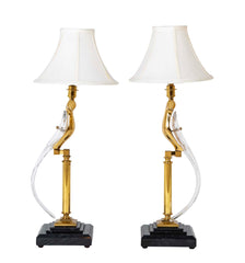 Very Unusual Murano Glass and Brass Lamps on Marble Bases