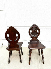 Pair 18th Century Italian Chestnut Hall Chairs Carved With Lion Crests