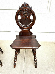 Pair 18th Century Italian Chestnut Hall Chairs Carved With Lion Crests