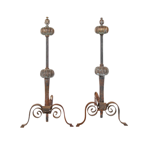 Pair of Brass & Iron Andirons with Pierced Brass Medallions. Tools