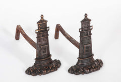 Pair of Bronze and Iron Lighthouse Form Andirons