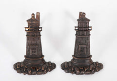 Pair of Bronze and Iron Lighthouse Form Andirons