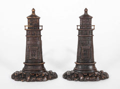 Pair of Bronze and Iron Lighthouse Form Andirons