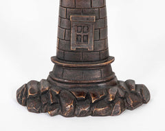 Pair of Bronze and Iron Lighthouse Form Andirons