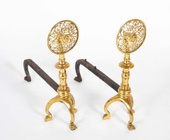 Pair of Wrought Iron Arts & Crafts Andirons with Pierced Discs