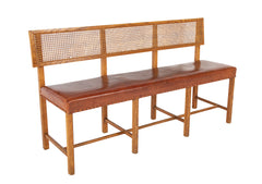 Henry Frankel Oak Bench with Caned Back & Leather Seat