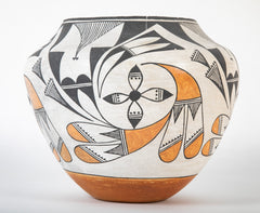 Acoma Piriform Pottery Jar with Orange & Black Design