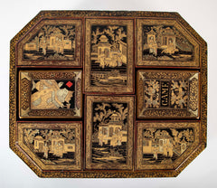 19th Century Chinese Black with Gilt Lacquerware Game Box