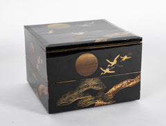 Japanese Gilt and Black Lacquer Box with Cranes Above Pine Tree Decor