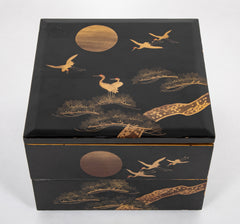 Japanese Gilt and Black Lacquer Box with Cranes Above Pine Tree Decor