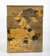 Four Tier Japanese Gilt Jubako Maki-E Box with Coral Interior