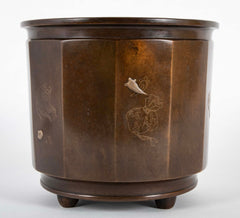 A Japanese Patinated Bronze Planter with Silver Inlays