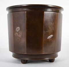 A Japanese Patinated Bronze Planter with Silver Inlays