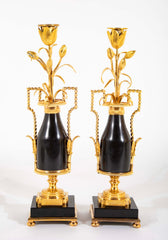 A Pair of French Ormolu & Slate L:ouis XVI Candlesticks