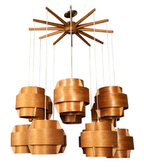 A Swedish Mid-Century 10 Lamp Suspended Ceiling Light of Pine