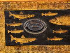 A Bamboo Three Drawer Bureau with Decoupaged Fish Prints