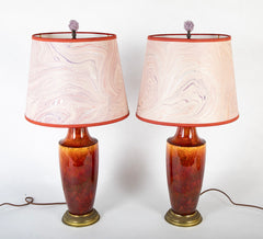 Pair of Deep Red Ceramic Lamps on Metal Bases