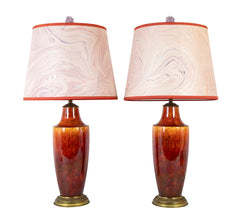 Pair of Deep Red Ceramic Lamps on Metal Bases