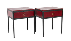 Pair of Red Leather & Wrought Iron Tables After Model of Jean-Michel Frank