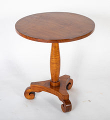 American Tiger Maple Pedestal Table on Scroll Feet