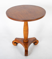 American Tiger Maple Pedestal Table on Scroll Feet