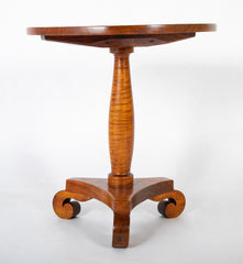 American Tiger Maple Pedestal Table on Scroll Feet