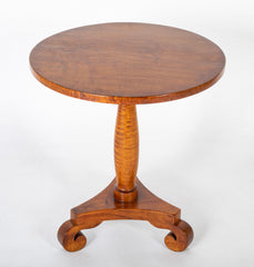 American Tiger Maple Pedestal Table on Scroll Feet