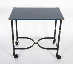 Jacques Adnet Metal, Leather and Wood Side Table on Casters