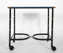 Jacques Adnet Metal, Leather and Wood Side Table on Casters