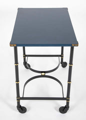 Jacques Adnet Metal, Leather and Wood Side Table on Casters