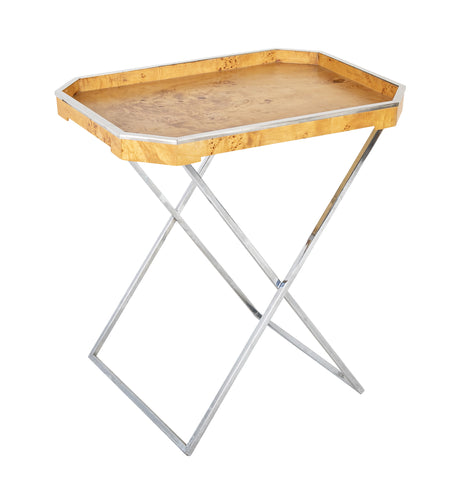 A Chrome and Burlwood Tray Table in the Style of Milo Baughman