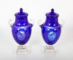 A Pair of English Cobalt Cased Clear Glass Urns