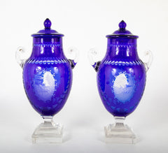 A Pair of English Cobalt Cased Clear Glass Urns