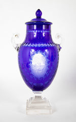 A Pair of English Cobalt Cased Clear Glass Urns