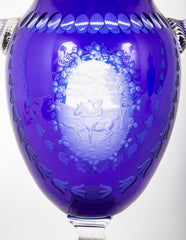 A Pair of English Cobalt Cased Clear Glass Urns