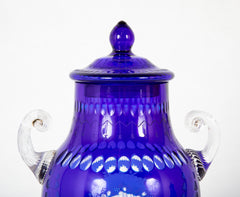 A Pair of English Cobalt Cased Clear Glass Urns