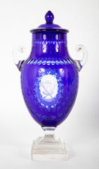 A Pair of English Cobalt Cased Clear Glass Urns