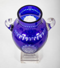 A Pair of English Cobalt Cased Clear Glass Urns