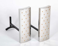 Pair of French Andirons Having White Metal Panels with Applied Decoration