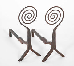 A Pair of Flat Spiral Form Iron Andirons