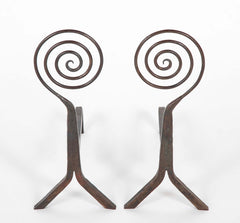 A Pair of Flat Spiral Form Iron Andirons