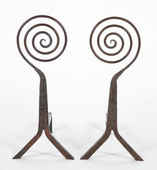 A Pair of Flat Spiral Form Iron Andirons