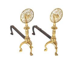 Pair of Wrought Iron Arts & Crafts Andirons with Pierced Discs