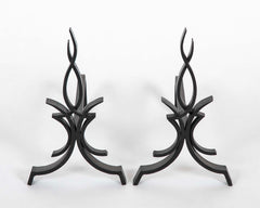 Pair of Black Wrought Iron Andirons by Raymond Subes